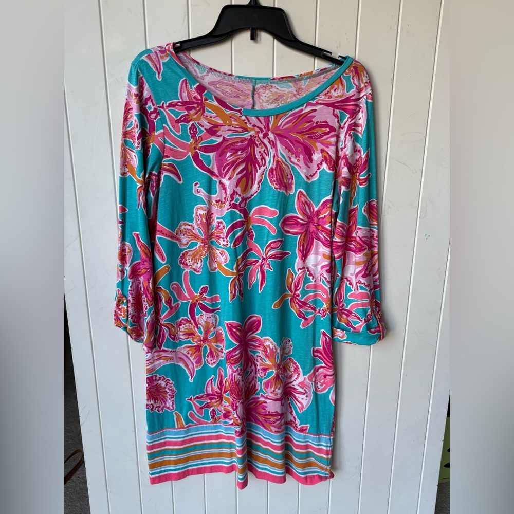 Lilly Pulitzer Via Sunny Pink and Aqua Linden T Shirt Dress.  Size L NWOT